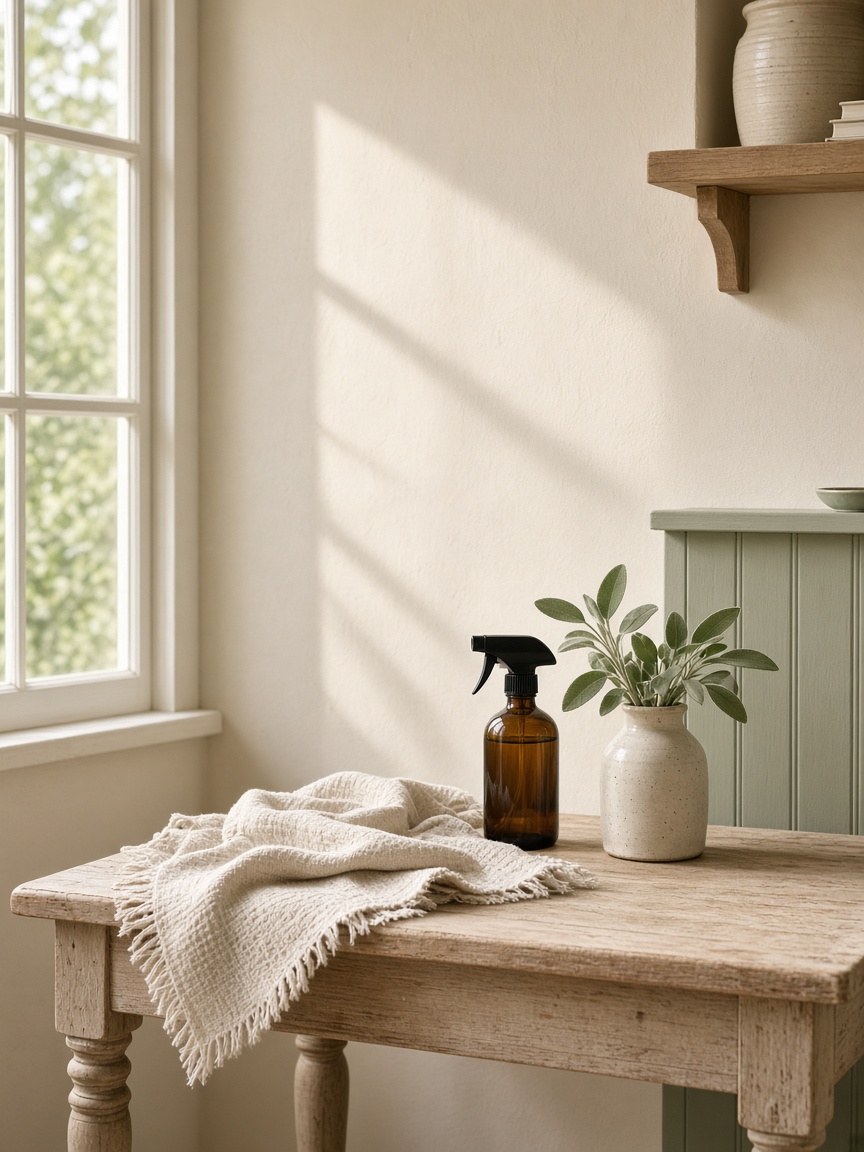 A sunlit kitchen table with linen, an amber spray bottle and sage